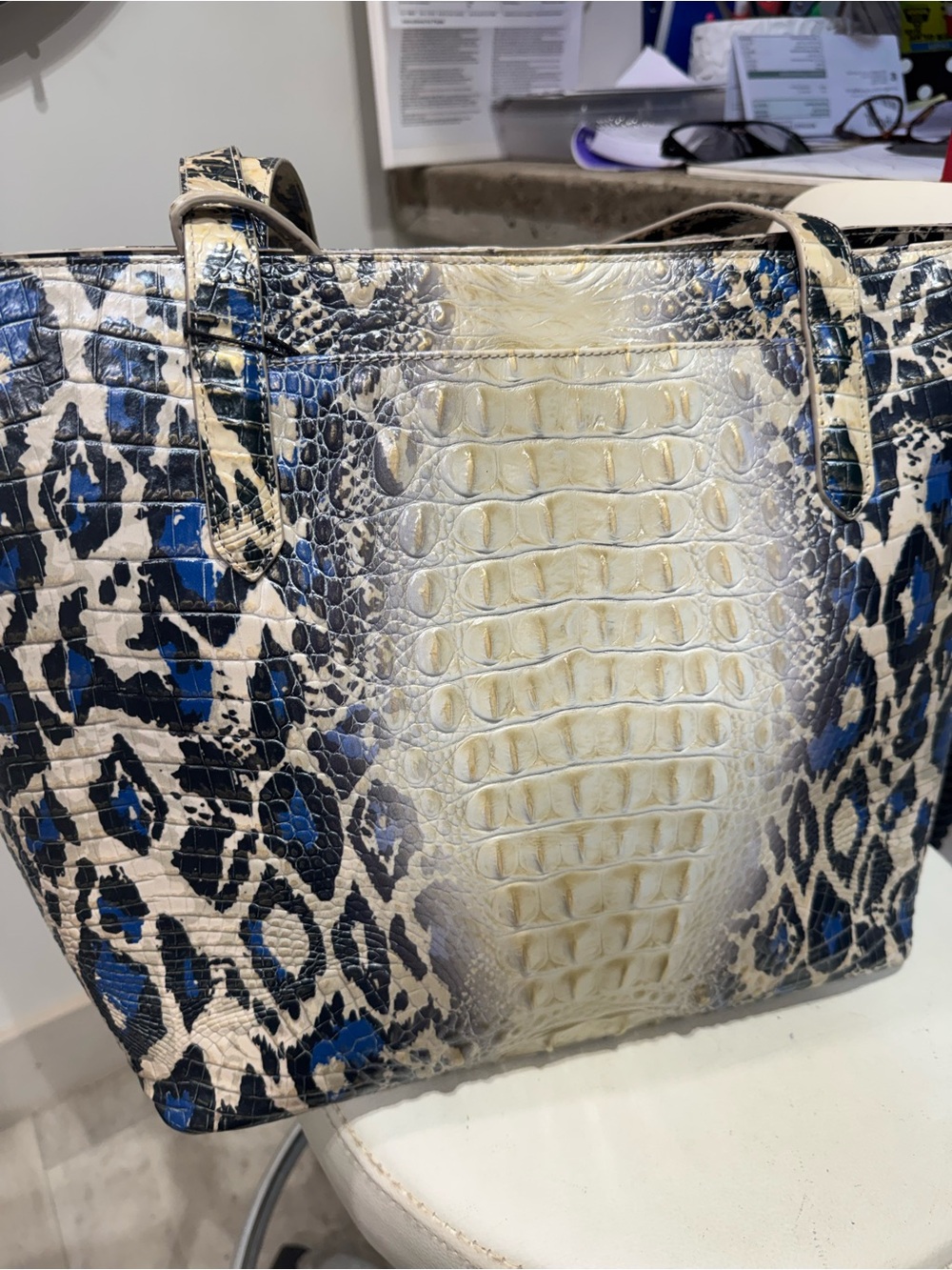 Brahmin Brooke with pouch Croc-Embossed Leopard Tote in Cream and Blue - Picture 3 of 6